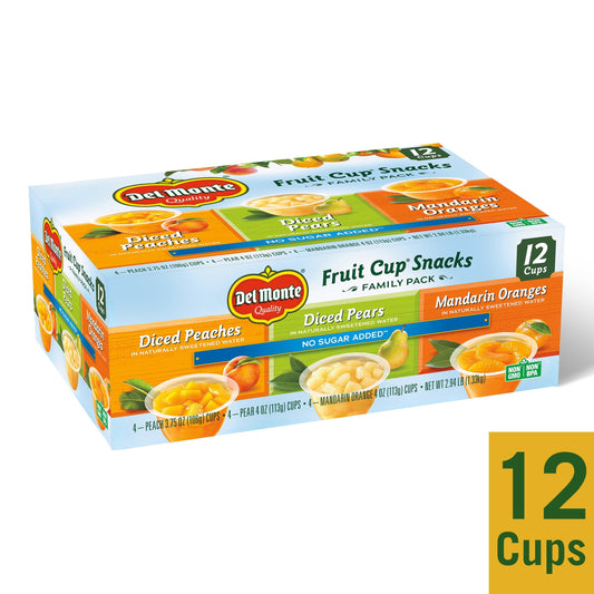 (12 Cups) Del Monte Fruit Cups, Family Pack, No Sugar Added, 4 oz