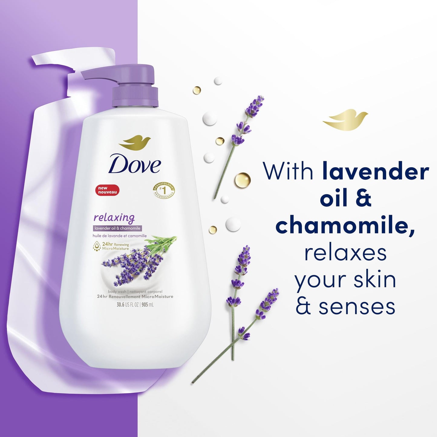 Dove Relaxing Long Lasting Gentle Body Wash, Lavender Oil and Chamomile, 30.6 fl oz