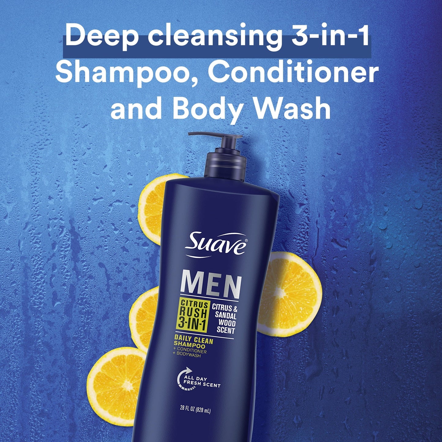 Suave Men Citrus Rush 3-in-1 Shampoo Conditioner Body Wash, All Hair Types 28 oz