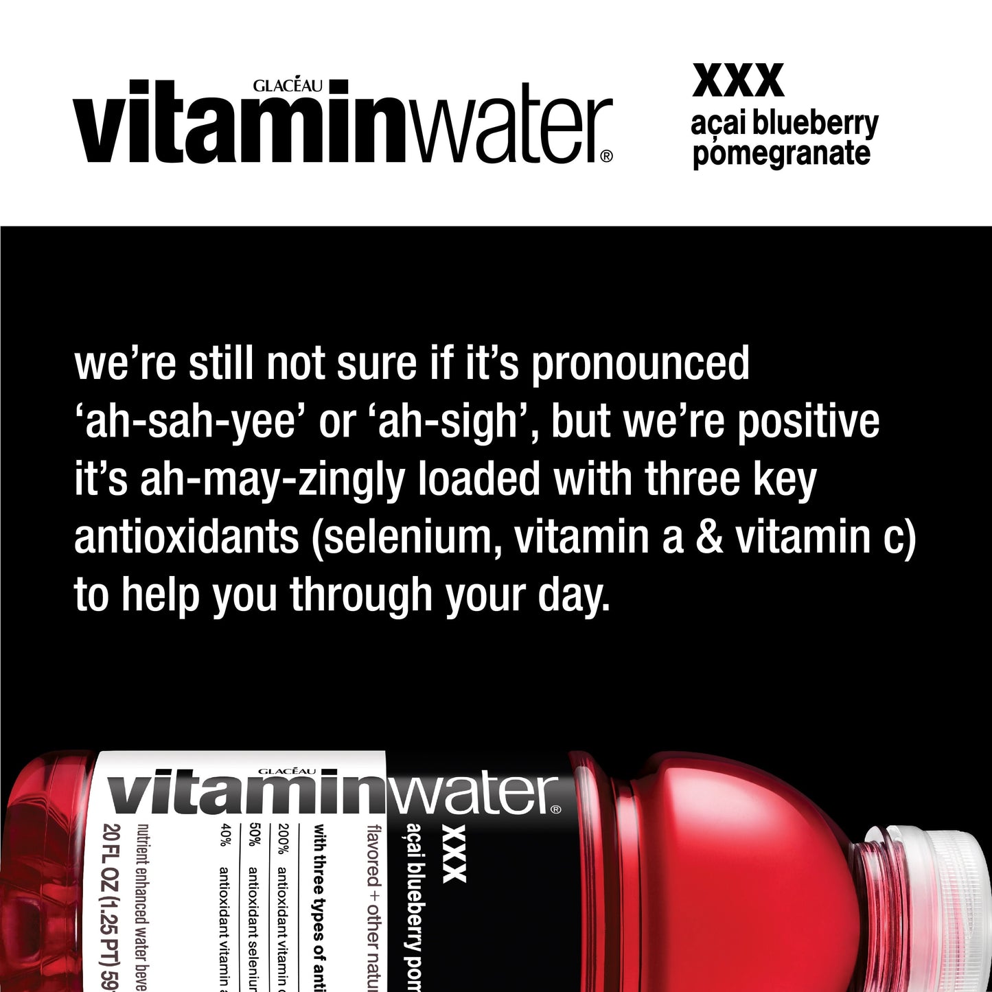 vitaminwater xxx electrolyte enhanced water, acai blueberry pomegranate, 20 fl oz bottle