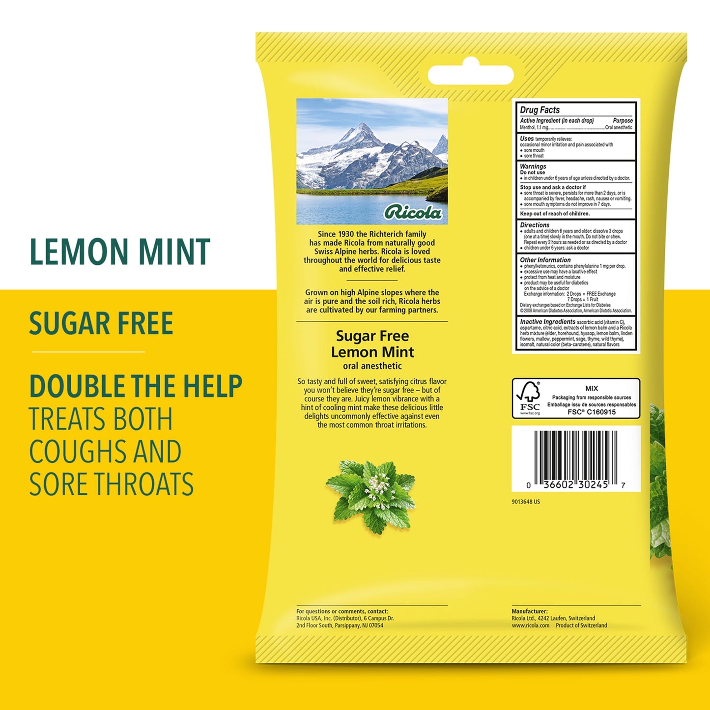 Ricola Sugar Free Lemon Mint Throat Drops - 45 Count