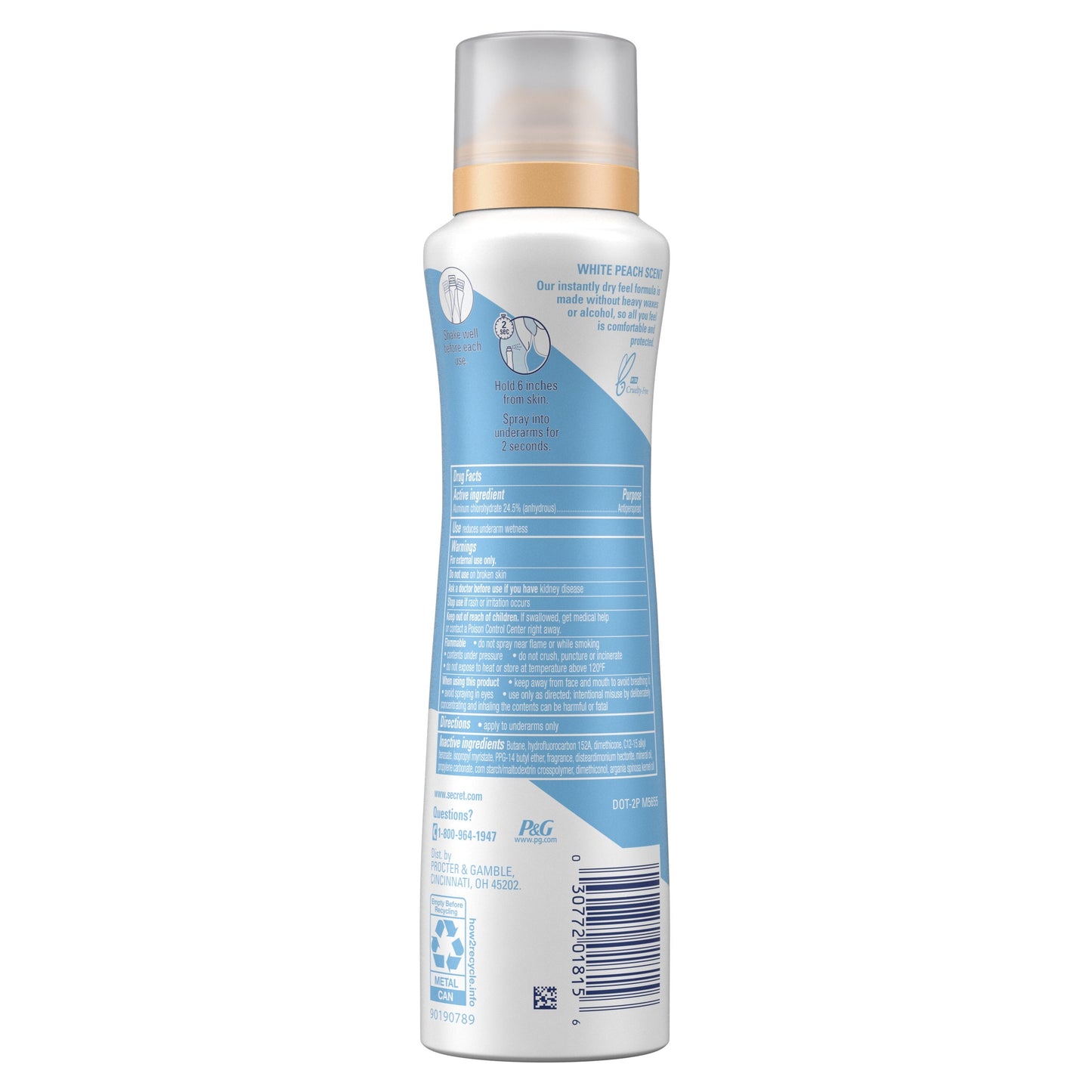 Secret Dry Spray Female Antiperspirant Deodorant, White Peach and Argan Oil, 4.1 oz