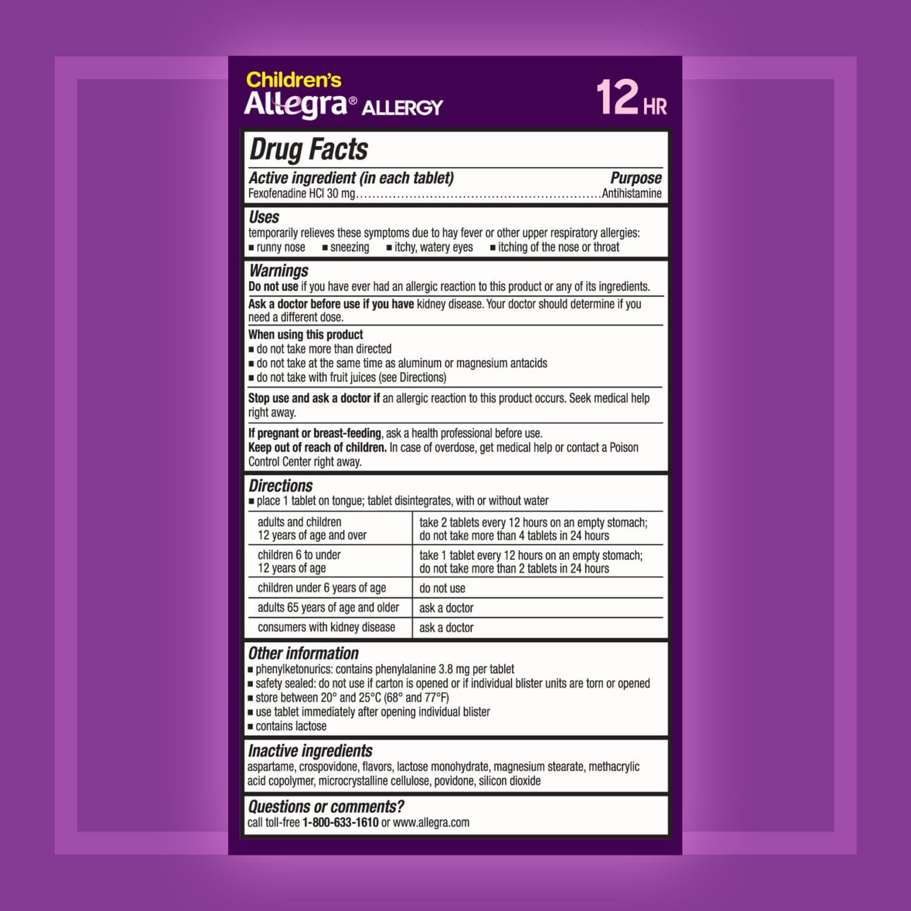 Allegra Children's 12 Hour Non-Drowsy Antihistamine Allergy Relief Medicine 30mg Meltable Tablets 24ct