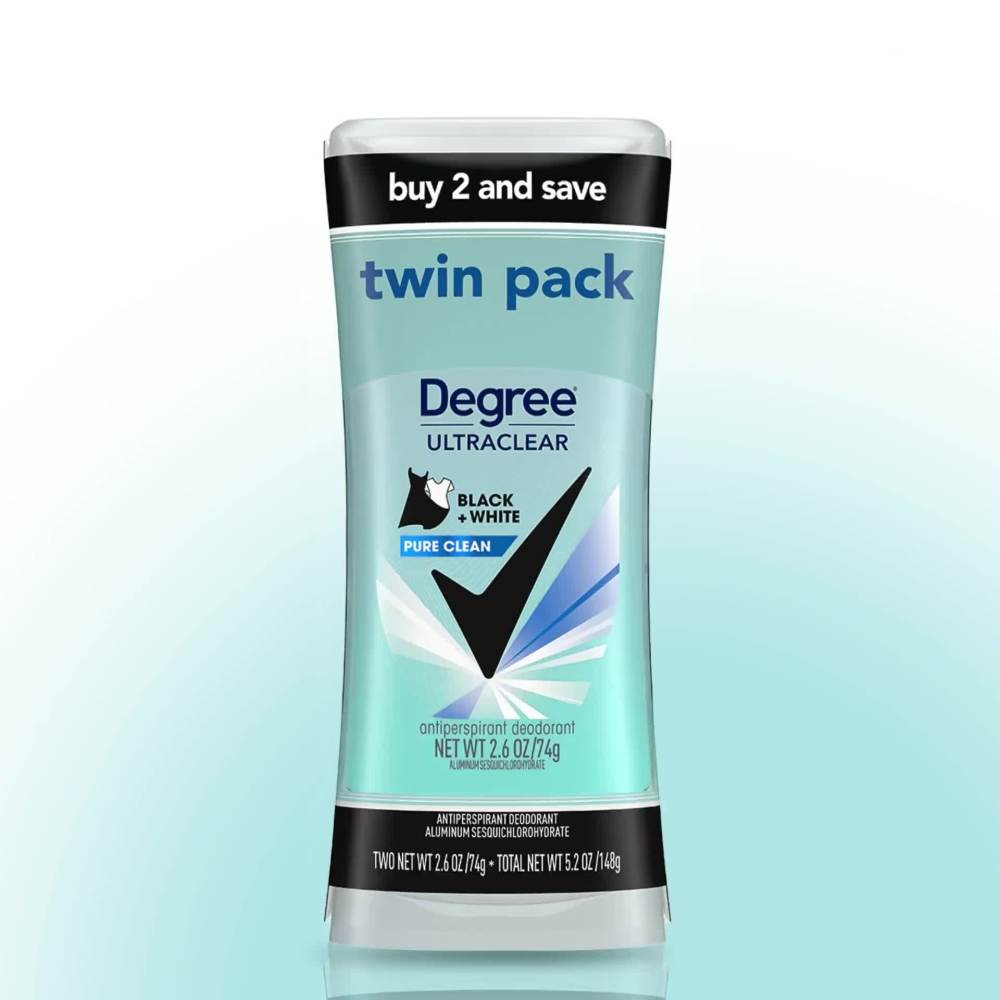 Degree Ultra Clear Long Lasting Women's Antiperspirant Deodorant Stick Twin Pack, Pure Clean, 2.6 oz