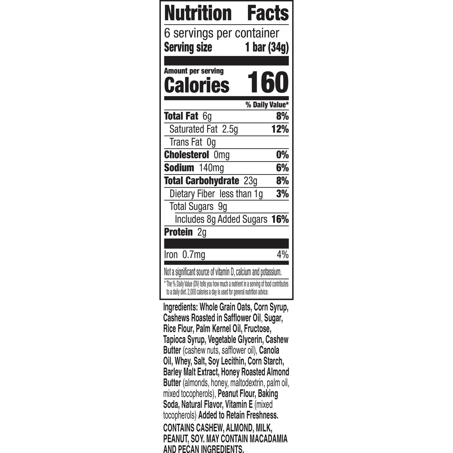 Nature Valley Granola Bars, Sweet and Salty Nut, Cashew, 6 Bars, 7.2 OZ