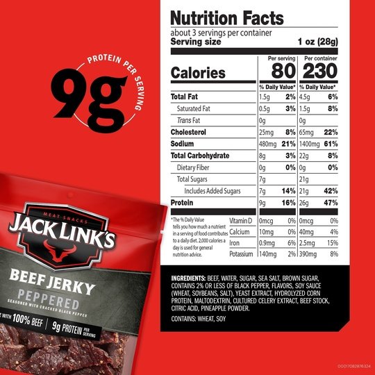 Jack Link’s Beef Jerky, Peppered, 100% Beef, 11g of Protein per Serving, 2.85 oz Bag