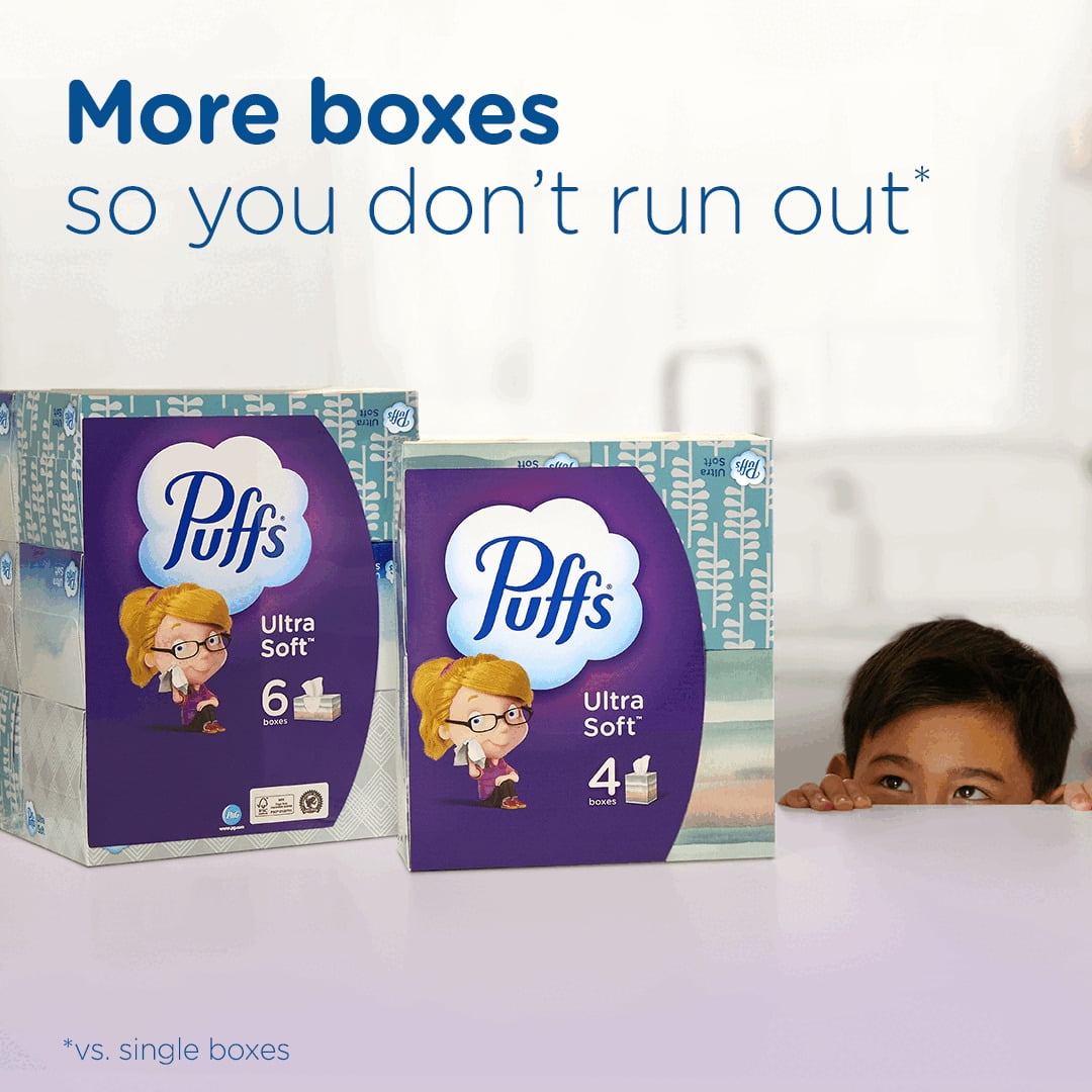 Puffs Ultra Soft Non-Lotion Facial Tissues, 4 Mega Cube Boxes, Purple, 72 Tissues per Box
