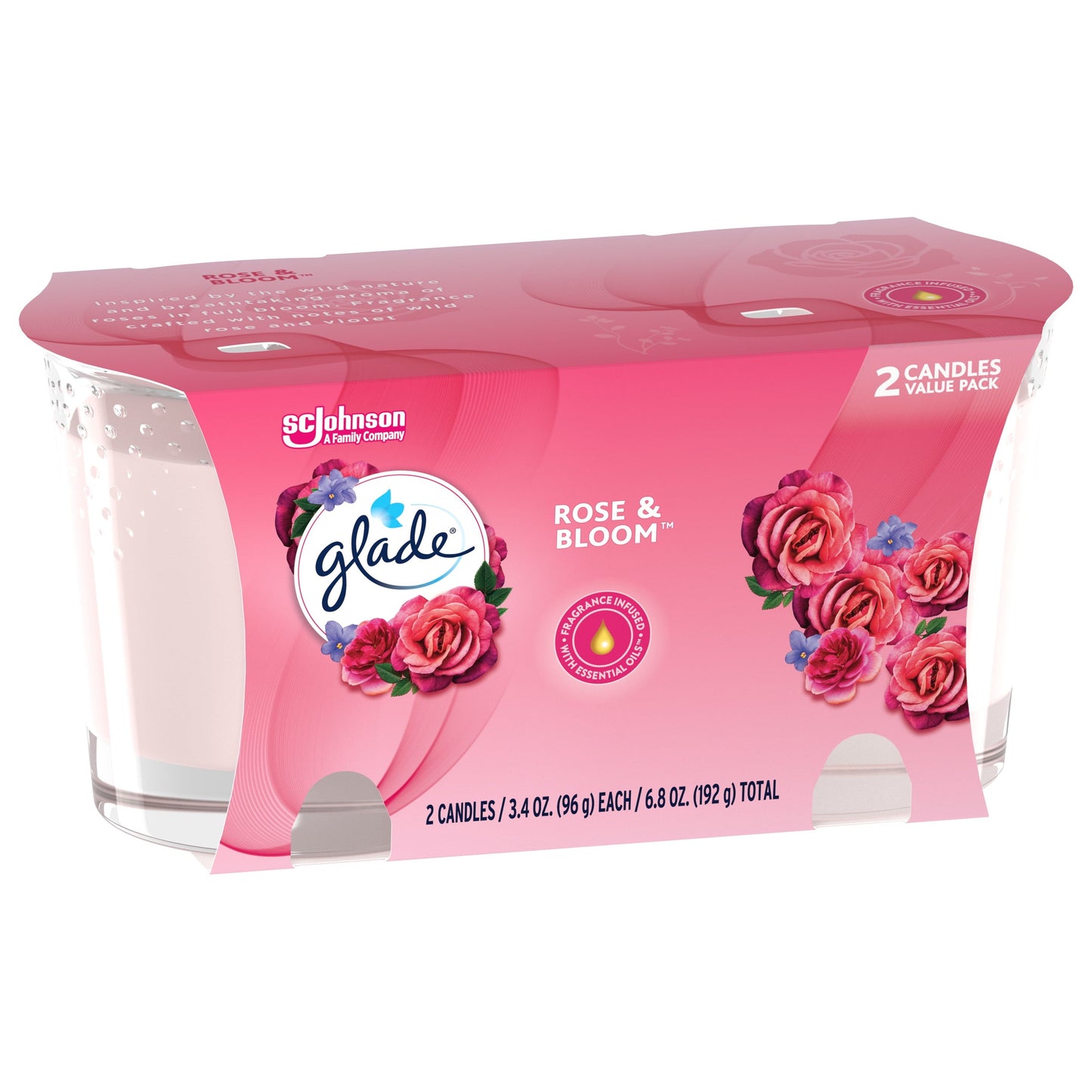 Glade Small Candle, Scented Candles, Rose & Bloom, 2 x 3.4 oz