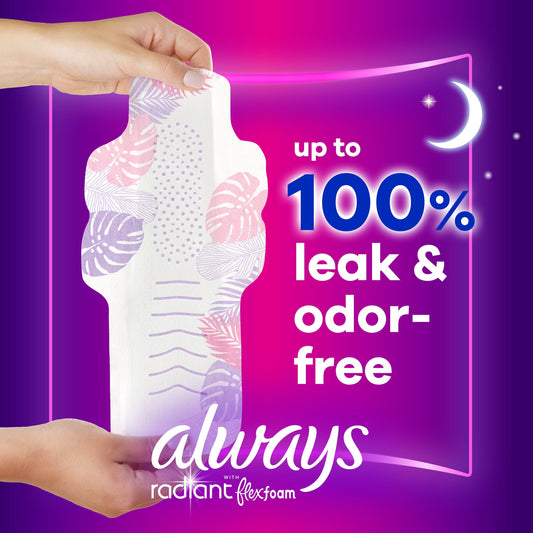 Always Radiant Feminine Pads with Wings, Size 4, Overnight Absorbency, Scented, 20 Count