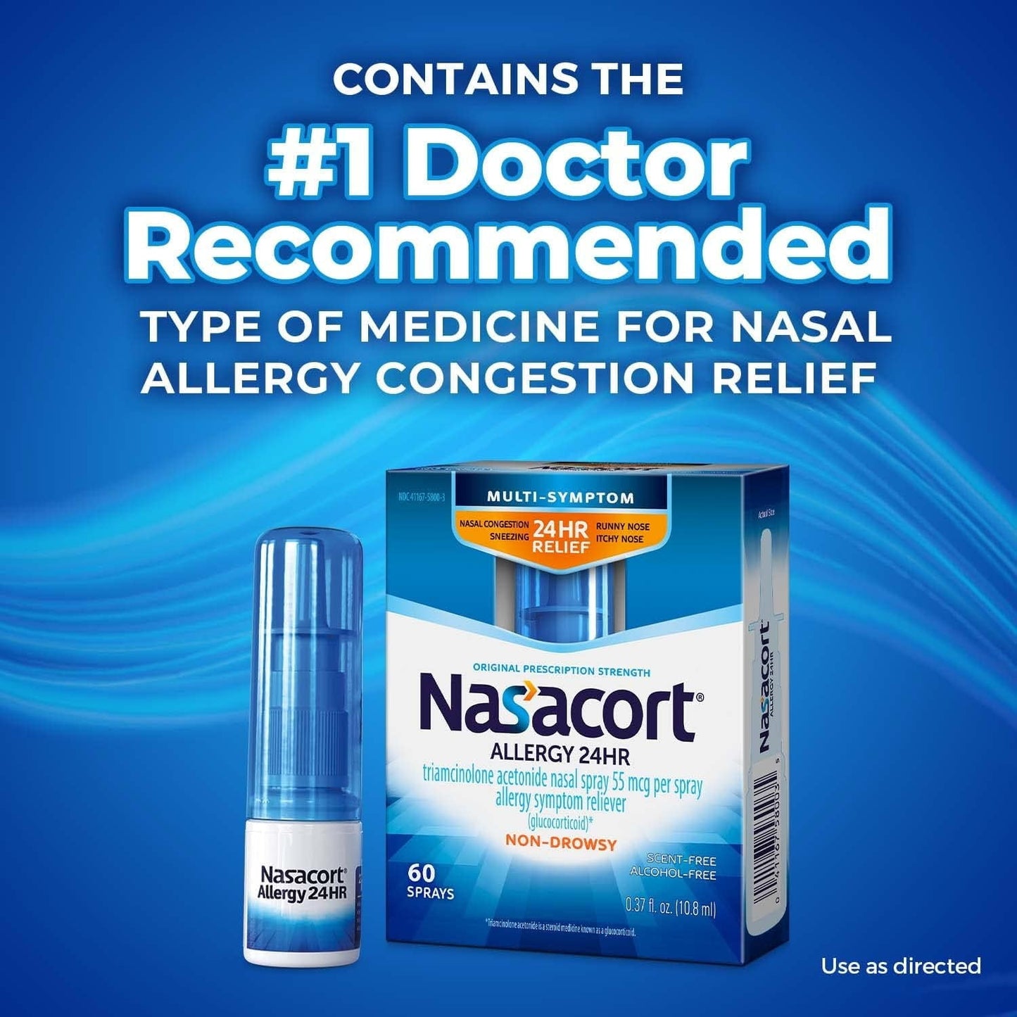 Nasacort 24HR Allergy Nasal Spray for Adults, Non-drowsy & Alcohol Free, 60 Sprays, 0.37 fl. oz.