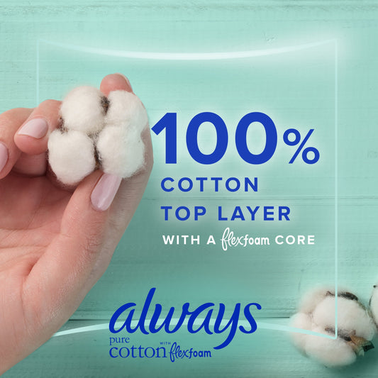 Always Pure Cotton Feminine Pads With WIngs, Size 4, Overnight Absorbency, 28 CT