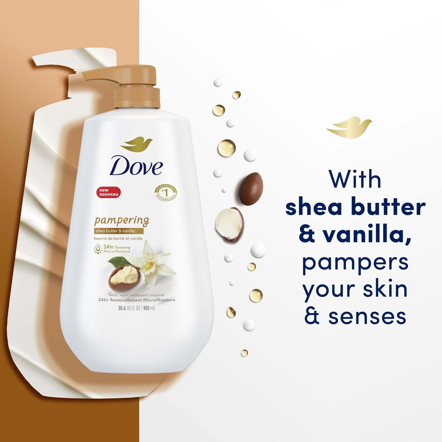 Dove Pampering Long Lasting Gentle Body Wash, Shea Butter and Vanilla, 30 fl oz