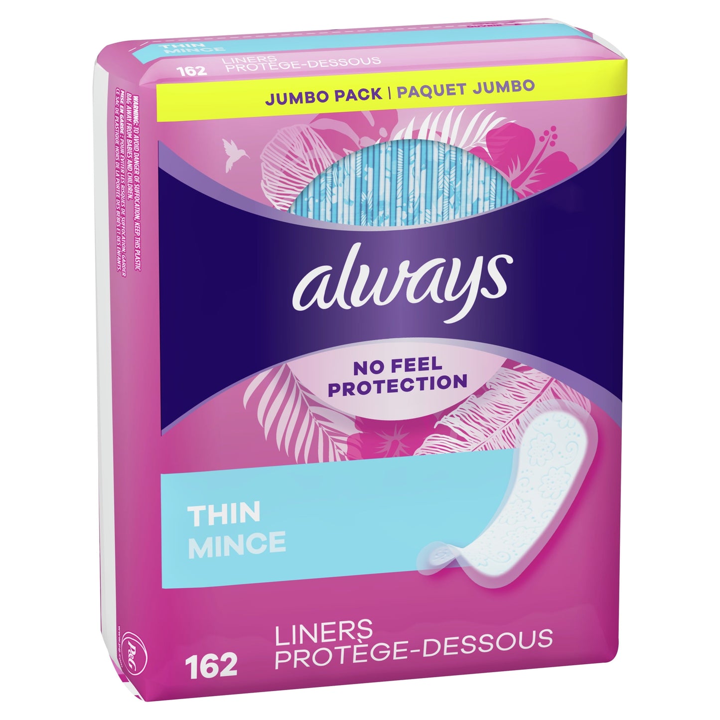 Always Thin No Feel Protection Daily Liners Regular Absorbency Unscented, 162 Ct