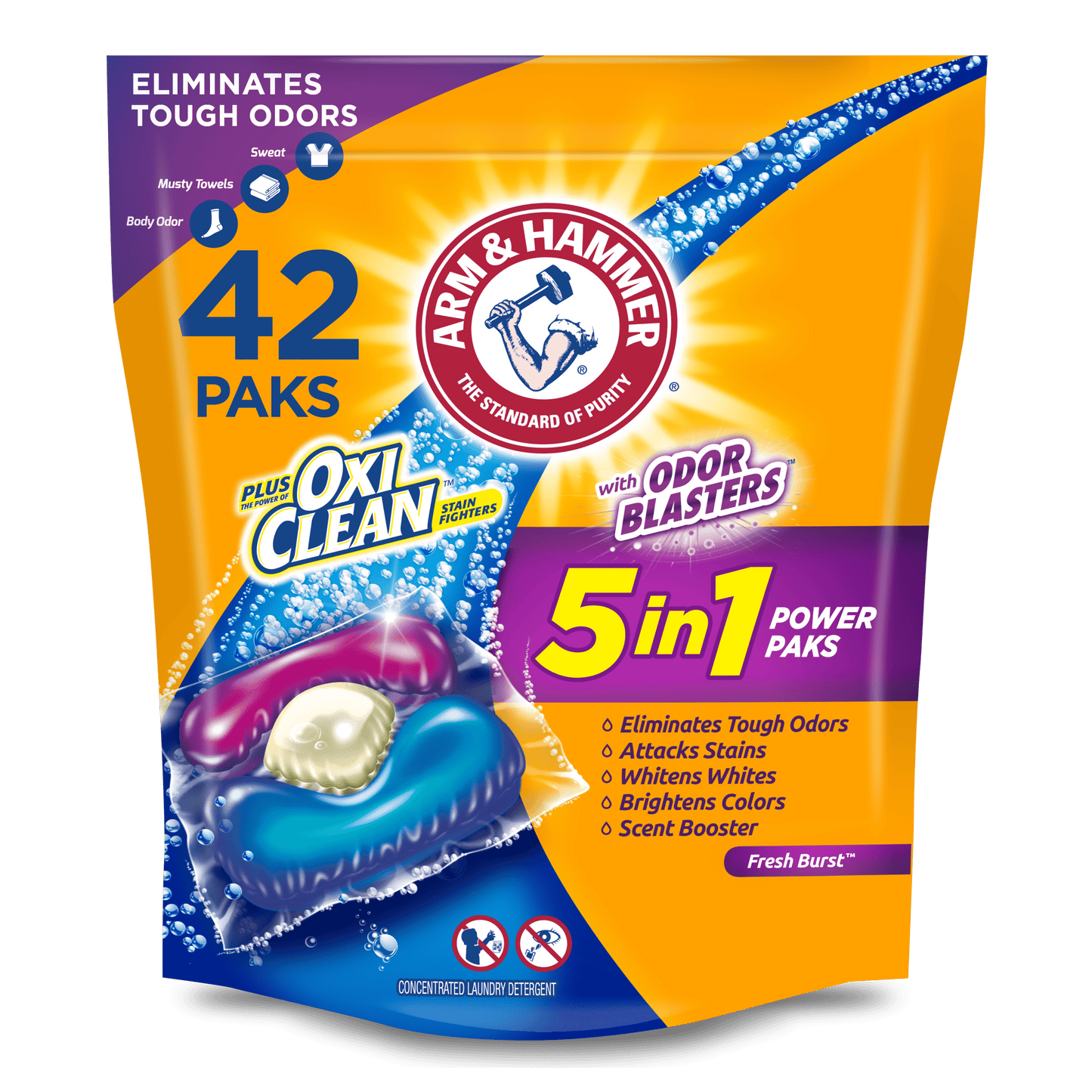 ARM & HAMMER Plus OxiClean with Odor Blasters 5-in-1 Fresh Burst Laundry Detergent Power Paks, 42 Count Bag