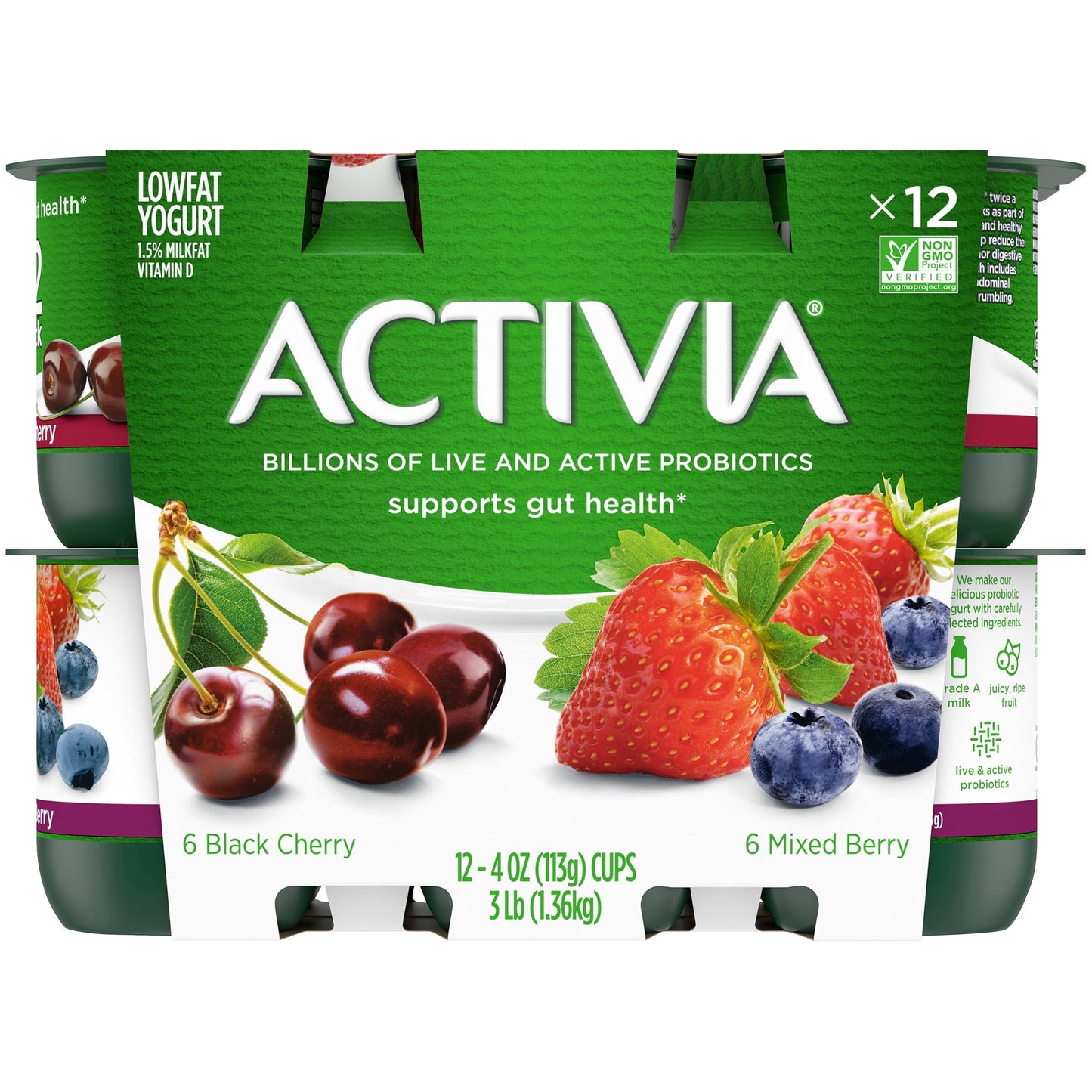 Activia Black Cherry and Mixed Berry Probiotic Yogurt, Lowfat Yogurt Cups, 4 oz, 12 Count