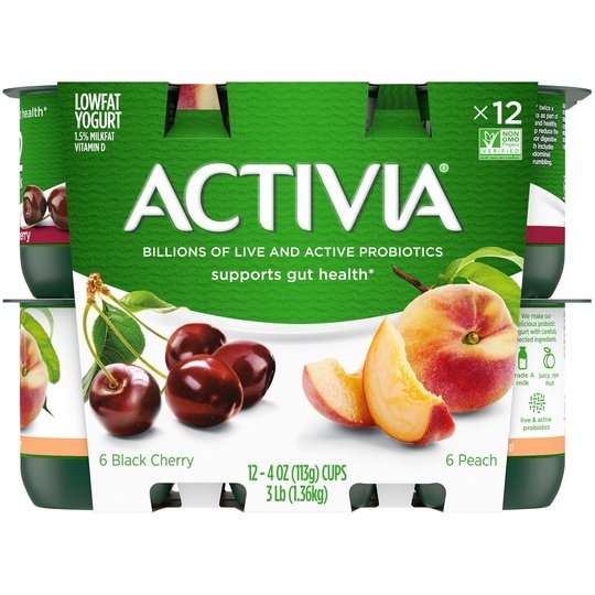 Activia Peach and Black Cherry Probiotic Yogurt, Lowfat Yogurt Cups, 4 oz, 12 Count