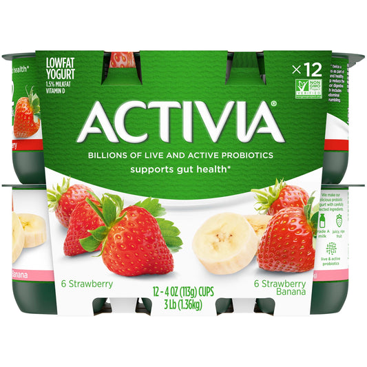 Activia Strawberry and Strawberry Banana Probiotic Yogurt, Lowfat Yogurt Cups, 4 oz, 12 Count