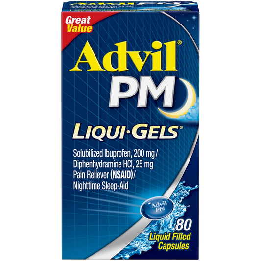 Advil PM Ibuprofen Liqui-Gels Sleep Aid Pain and Headache Reliever, 200 Mg Liquid Filled Capsules, 80 Count