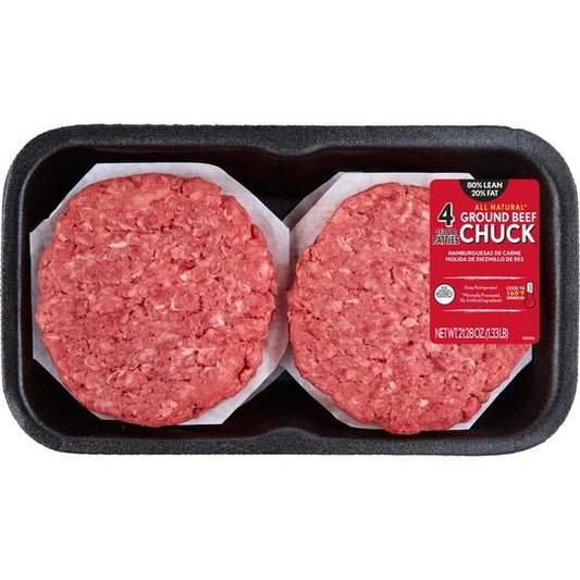 All Natural* 80% Lean/20% Fat Ground Beef Chuck Patties, 4 Count, 1.33 lb Tray