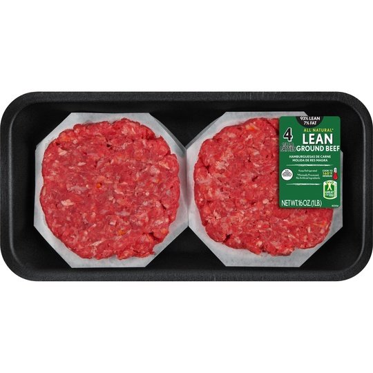 All Natural* 93% Lean/7% Fat Lean Ground Beef Patties, 4 Count, 1 lb Tray