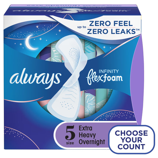 Always Infinity Feminine Pads with Wings, Size 5, Extra Heavy Overnight Absorbency, unscented, 30 Ct