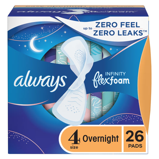 Always Infinity Feminine Pads with wings, Size 4, Overnight Absorbency, Unscented, 26 Count