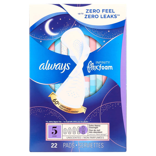 Always Infinity Feminine Pads with wings, Size 5, Extra Heavy Overnight Absorbency, Unscented, 22 Count