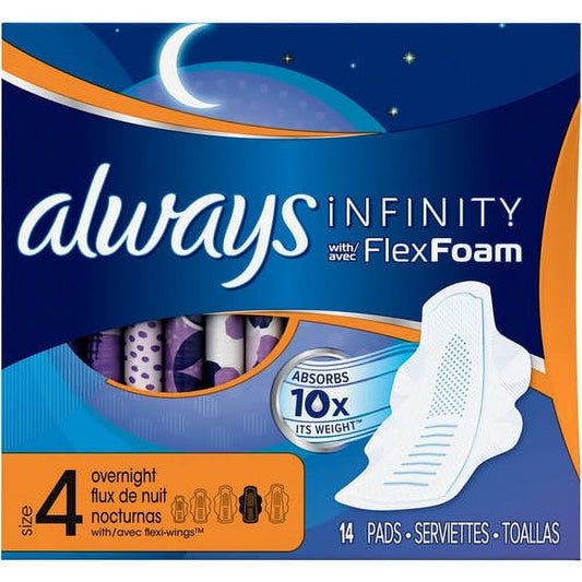 Always Infinity Size 4 Overnight Pads with Wings, Unscented, 14 Count