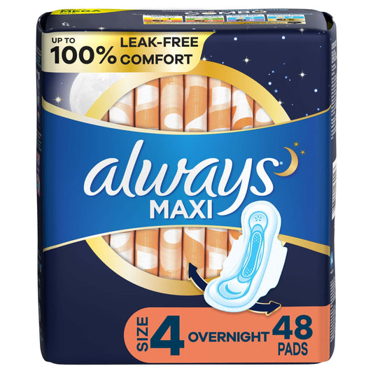 Always Maxi Overnight Pads with Wings, Size 4, Overnight Absorbency, 48 CT