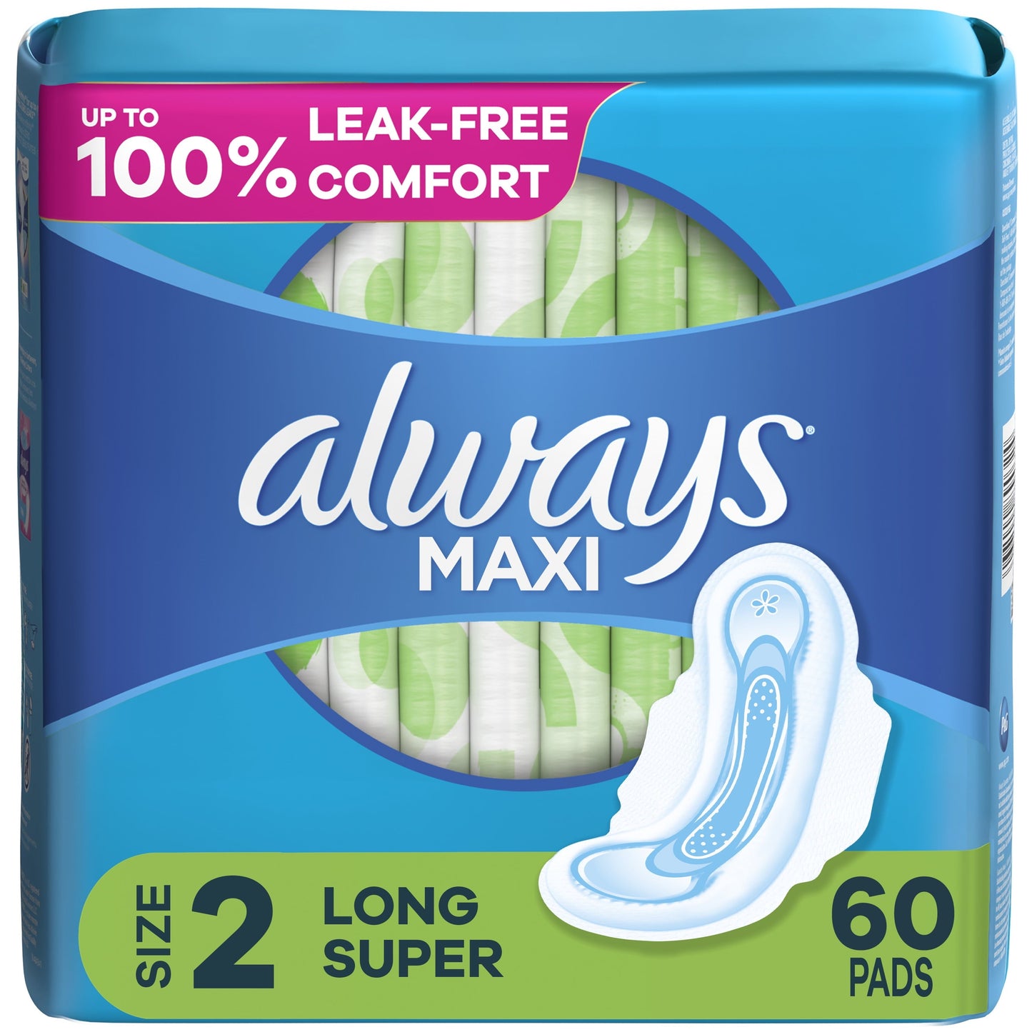 Always Maxi Pads with Wings, Size 2, Long Super Absorbency, 60 CT