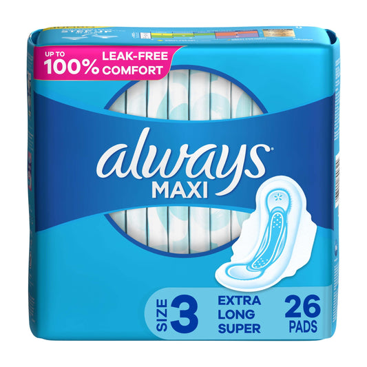 Always Maxi Pads with Wings, Size 3, Extra Long Super Absorbency, 26 Count