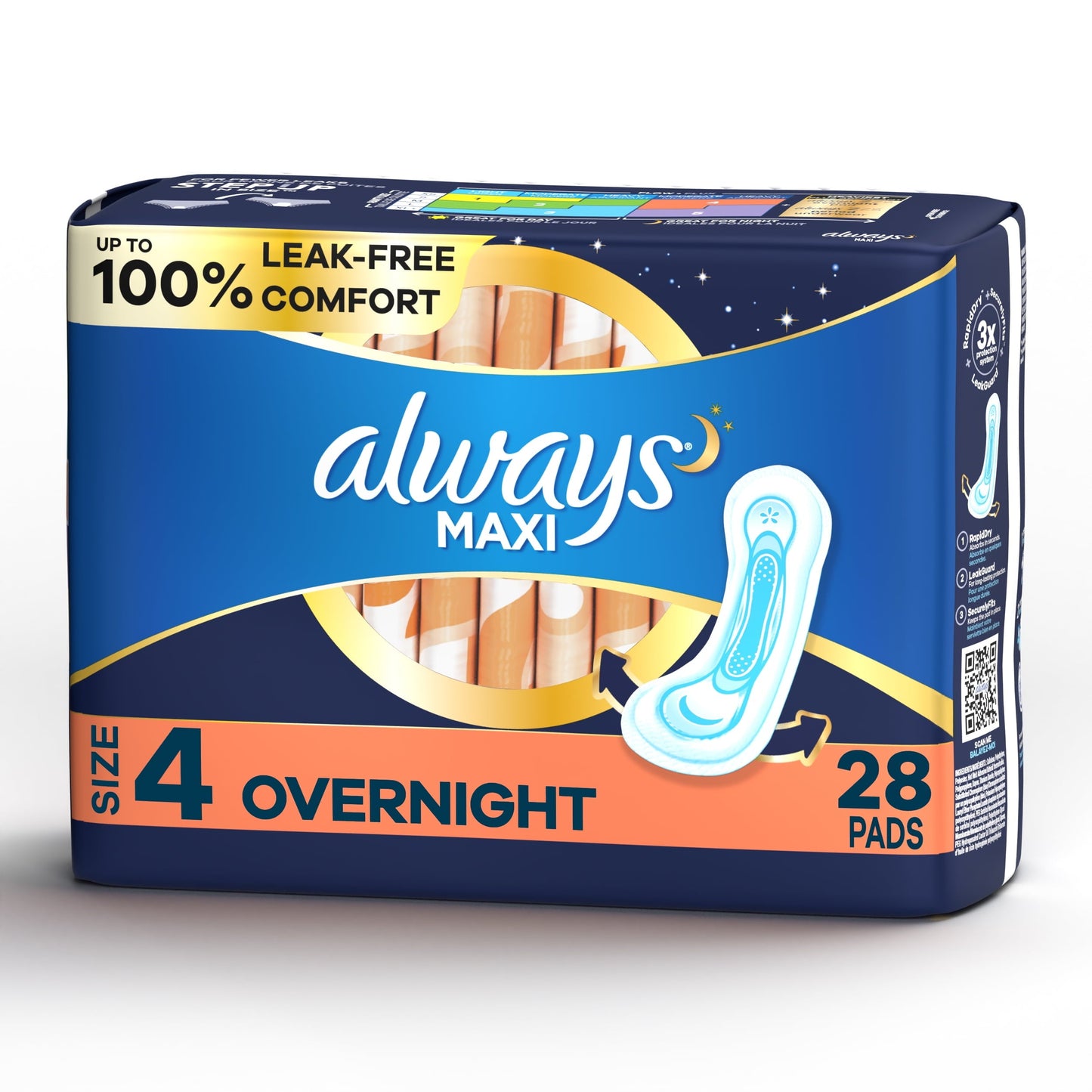 Always Maxi Pads without Wings, Size 4, Overnight Absorbency, 28 CT