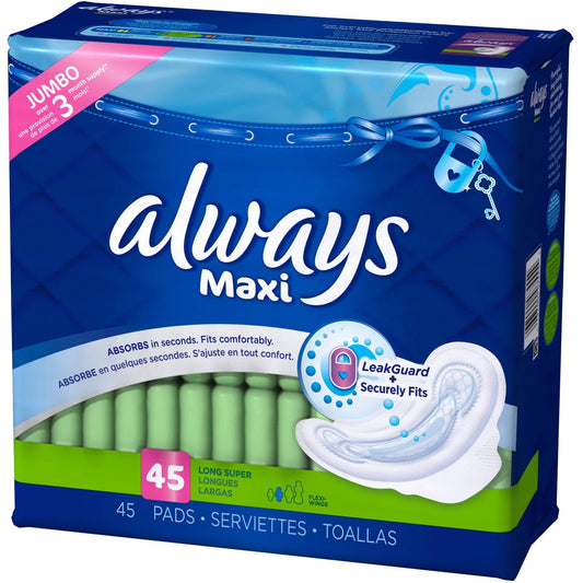 Always Maxi Size 2 Long Super Pads with Wings, Unscented, 45 Count