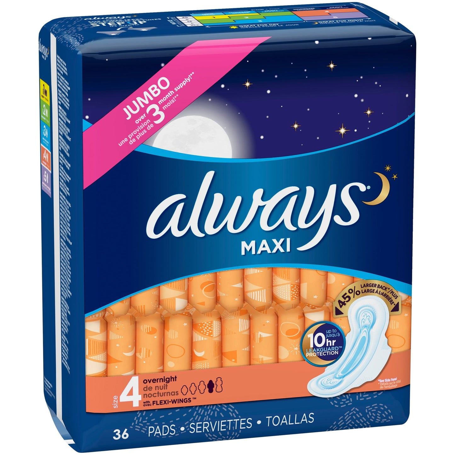 Always Maxi Size 4 Overnight Pads with Wings, Unscented, 36 Count