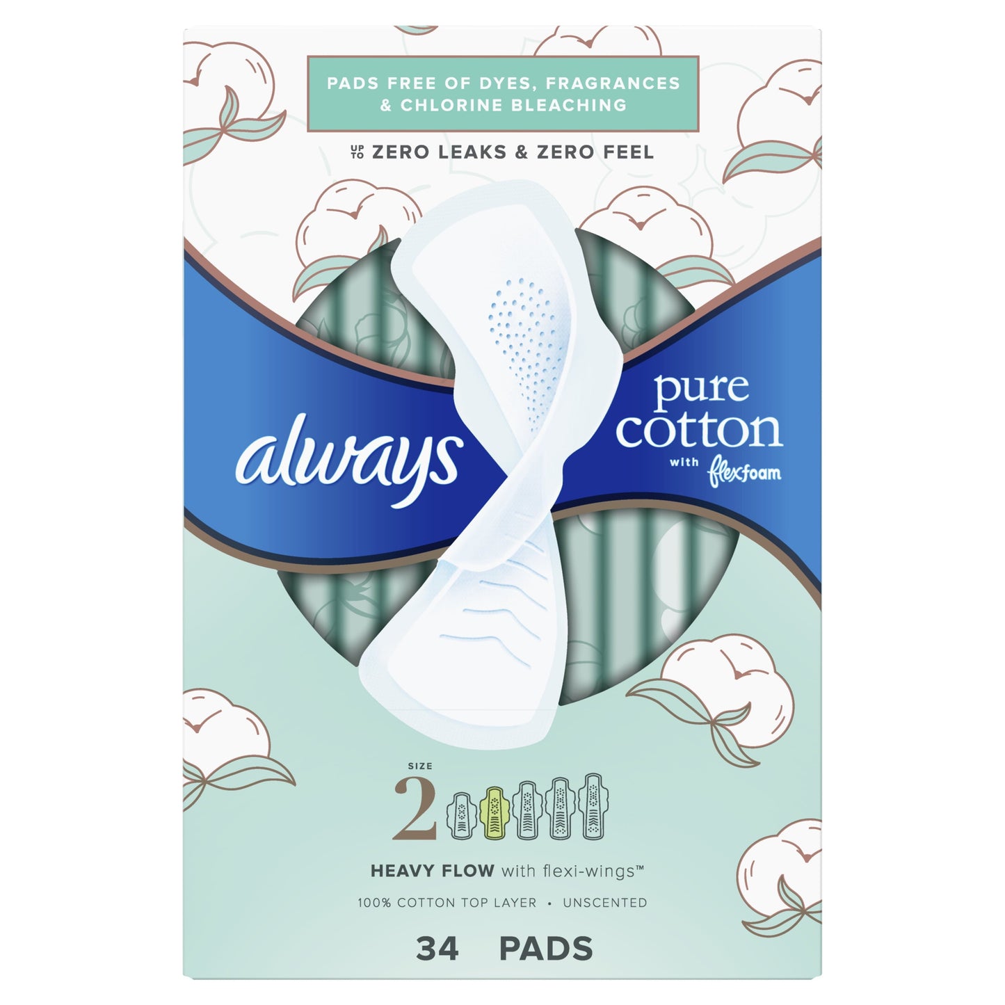 Always Pure Cotton Feminine Pads With Wings, Size 2, Heavy Absorbency, 34 CT