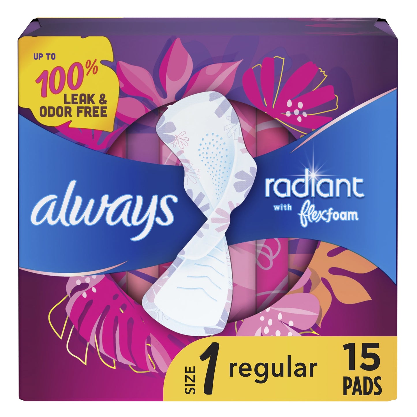 Always Radiant Feminine Pads with Wings, Size 1, Regular Absorbency, Scented, 15 Count