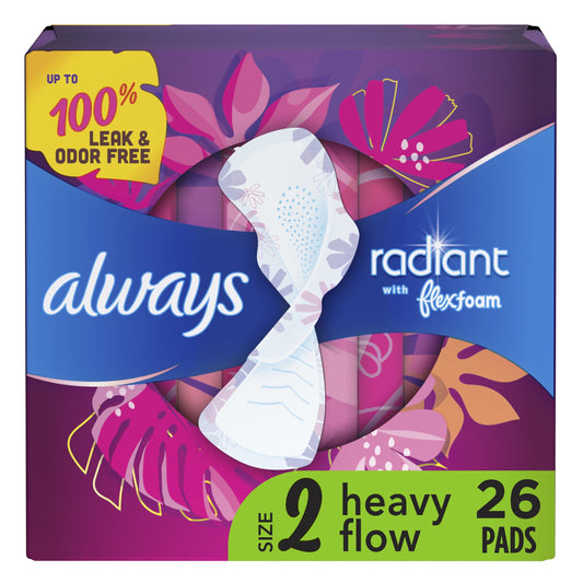 Always Radiant Feminine Pads with Wings, Size 2, Heavy Absorbency, Scented, 26 CT