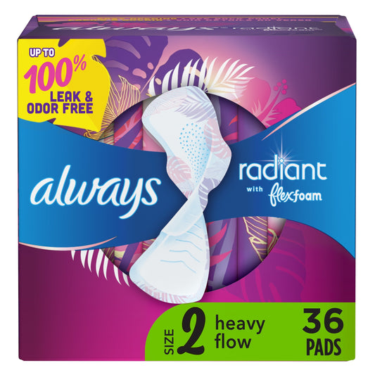 Always Radiant Feminine Pads with Wings, Size 2, Heavy Absorbency, Scented, 36 CT