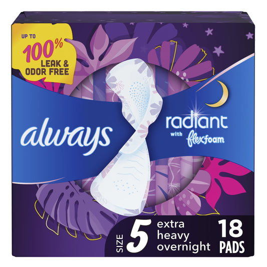 Always Radiant Feminine Pads with Wings, Size 5, Extra Heavy Overnight Absorbency, Scented, 18 Count