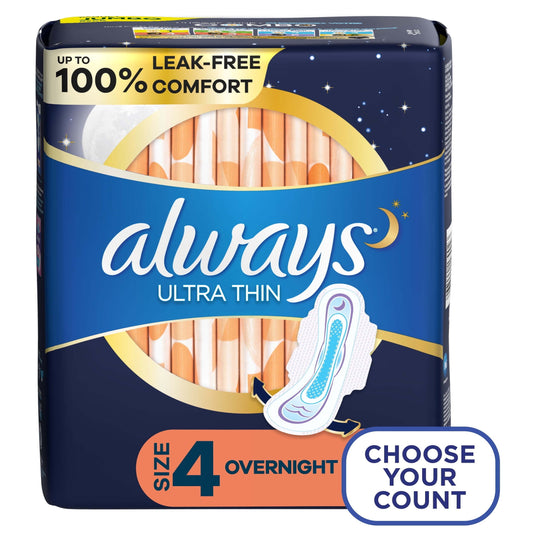 Always Ultra Thin Overnight Pads with Wings, Size 4, Overnight Absorbency, 36 Count