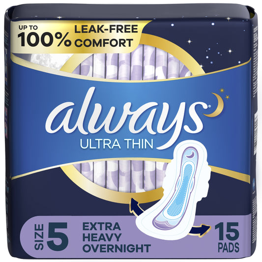 Always Ultra Thin Overnight Pads with Wings, Size 5, Extra Heavy Overnight Absorbency, 15 CT