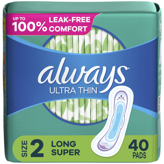 Always Ultra Thin Pads Without Wings, Size 2, Long Super Absorbency, 40 CT
