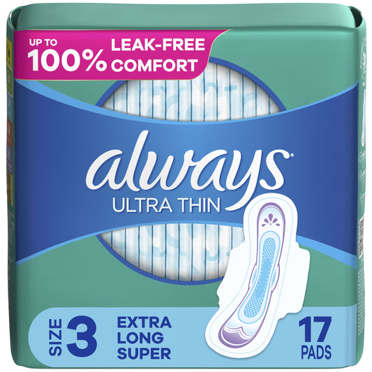 Always Ultra Thin Pads with Wings, Size 3, Extra Long Super Absorbency, 17 CT