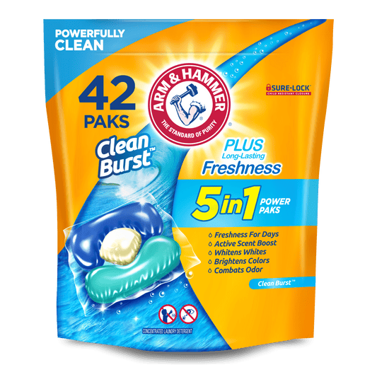 Arm & Hammer Clean Burst 5-in-1 Laundry Detergent Power Paks, High Efficieny (HE), 42 Count