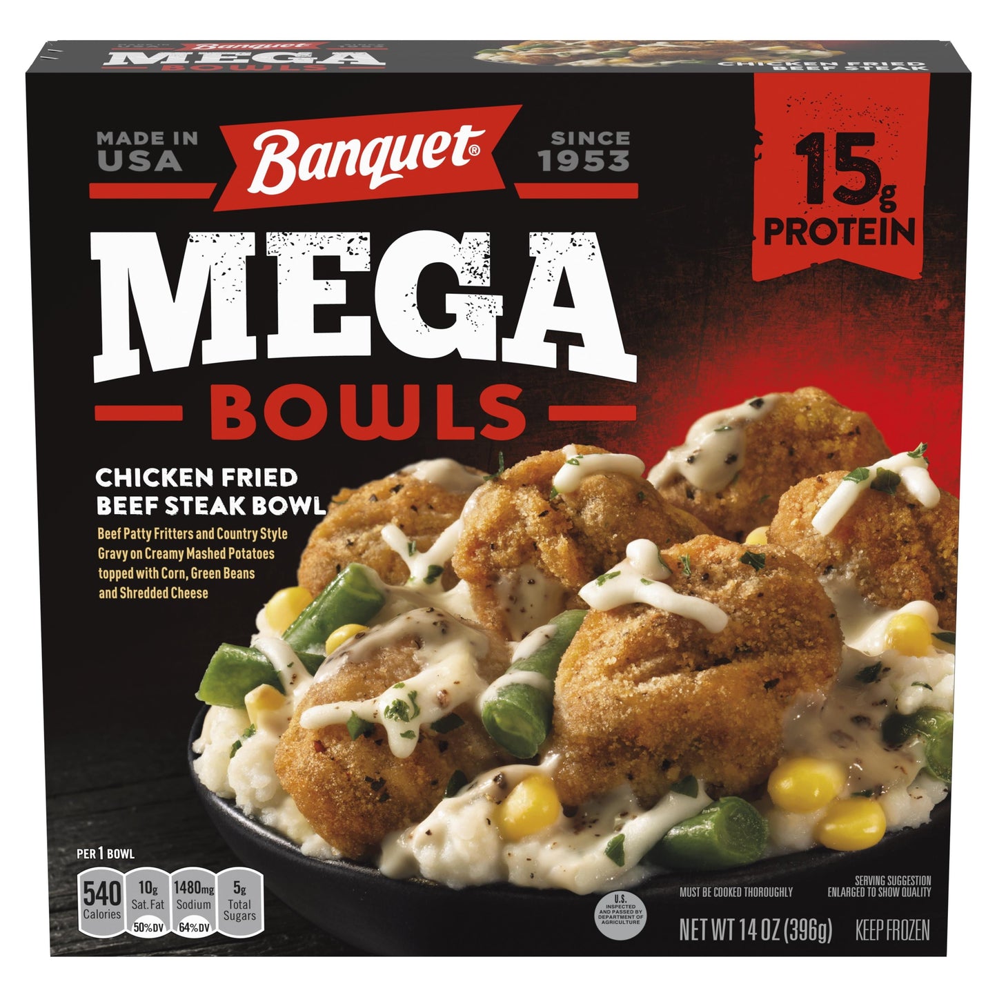 Banquet Mega Bowls Chicken Fried Beef Steak Frozen Meal, 14 oz (Frozen)