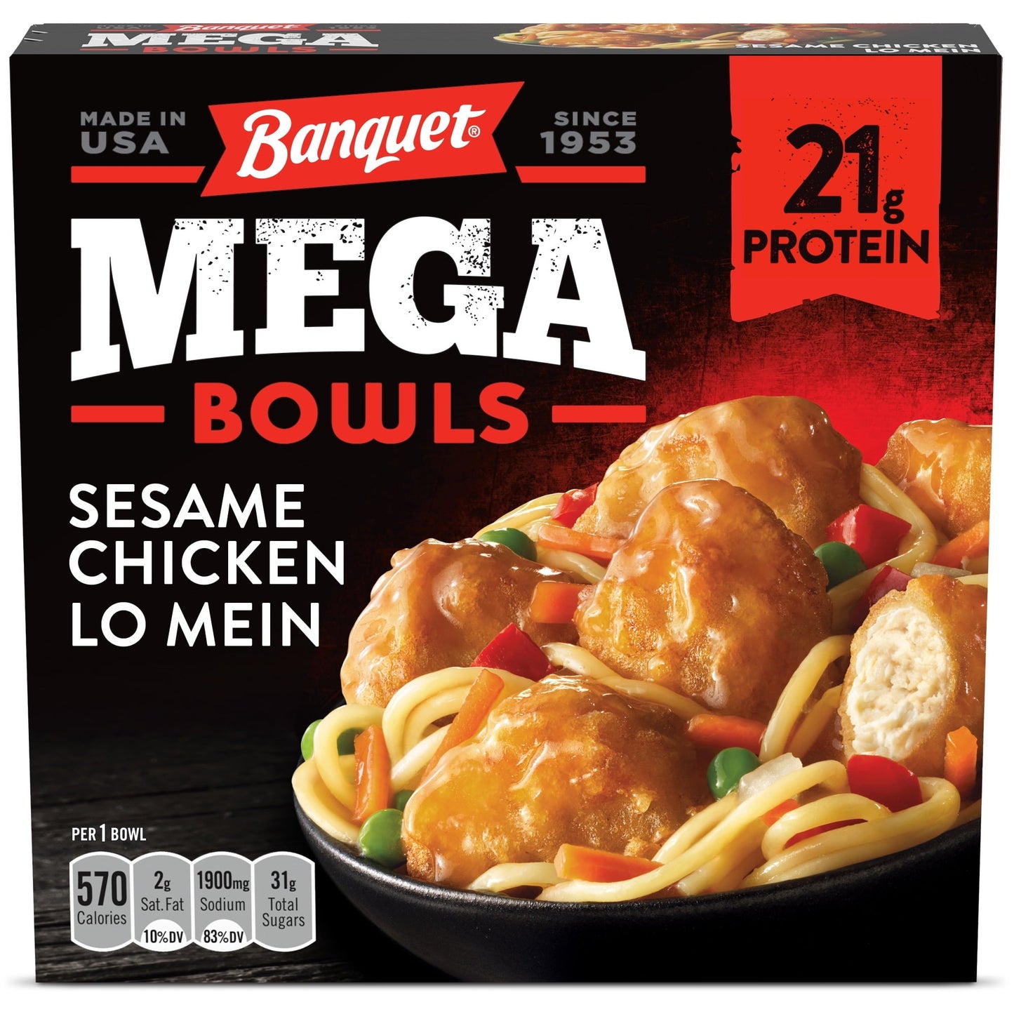 Banquet Mega Bowls Sesame Chicken Lo Mein Frozen Meal, 13.5 oz (Frozen)