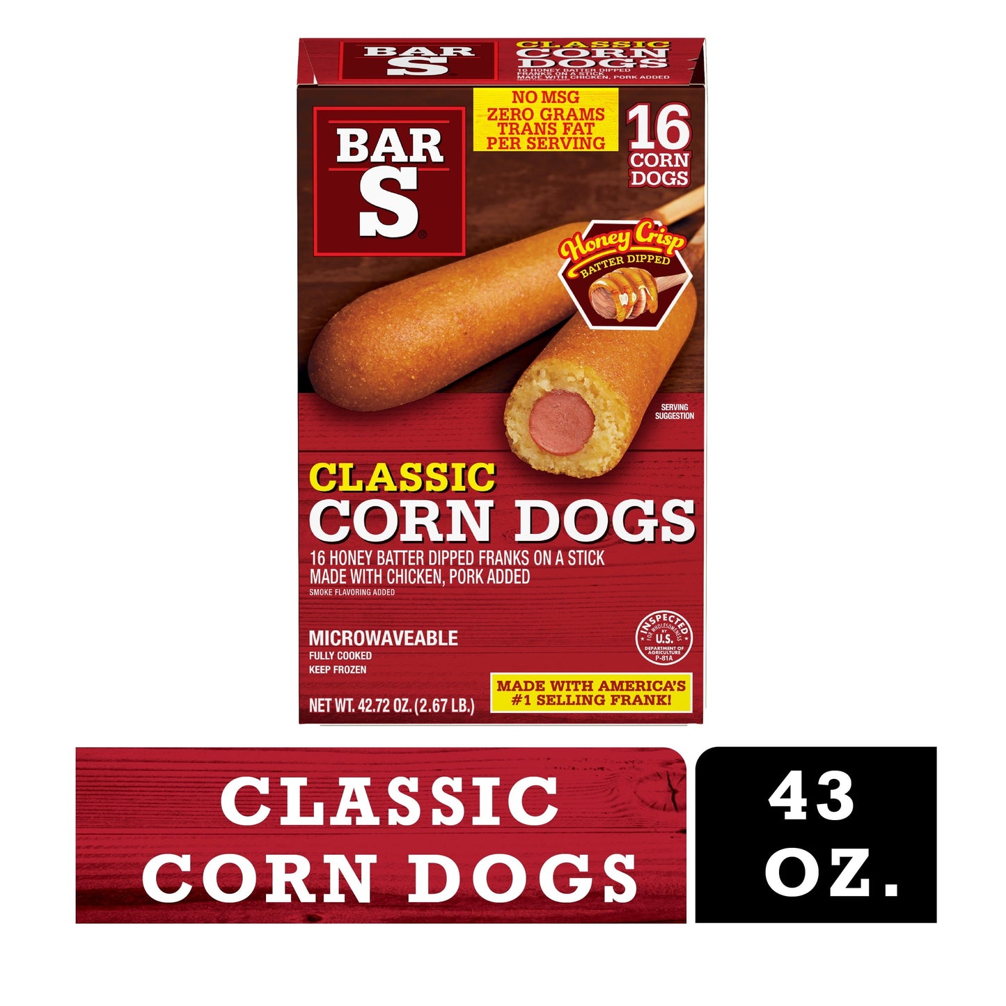 Bar-S Classic Honey Dipped Chicken and Pork Corn Dogs, 43 oz, 16 Count (Frozen)