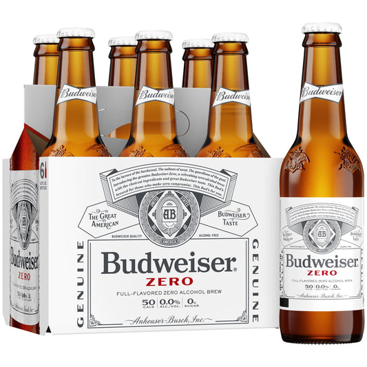 Budweiser Zero Non-Alcoholic Beer, 6 Pack 12 fl. oz. Glass Bottles, Domestic Lager, 0.0% ABV