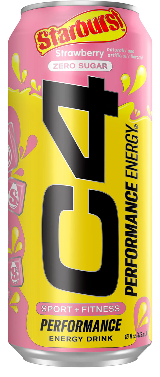 C4 Energy Drink + Strawberry Starburst + Zero Sugar + Explosive Energy Juicy Flavor + 16oz Single Can