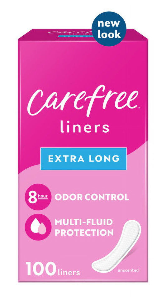 CAREFREE® Panty Liners, Extra Long, Flat, Unscented, 8 Hour Odor Control, 100ct